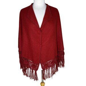 Red Alpaca Wool Fringed Cape Shawl With Floral Crochet Trim, Made In Peru
